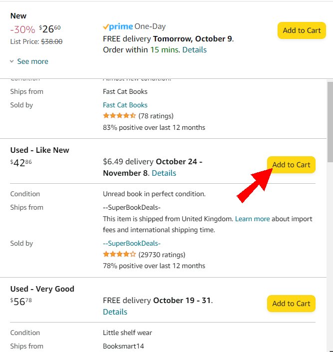 Select your Amazon used book by clicking the "Add to Cart" button.  This will begin to complete the process of "How to buy used books on Amazon"
