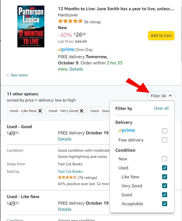 Set the Amazon used books condition. Apply filters and specify the condition of the used book that you're looking for.