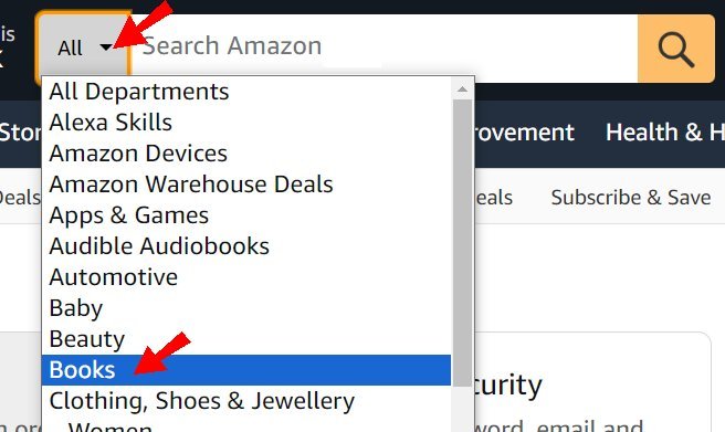 Click on the "All" button on the left-hand side of the search bar and select "Books" from the drop-down menu.    
